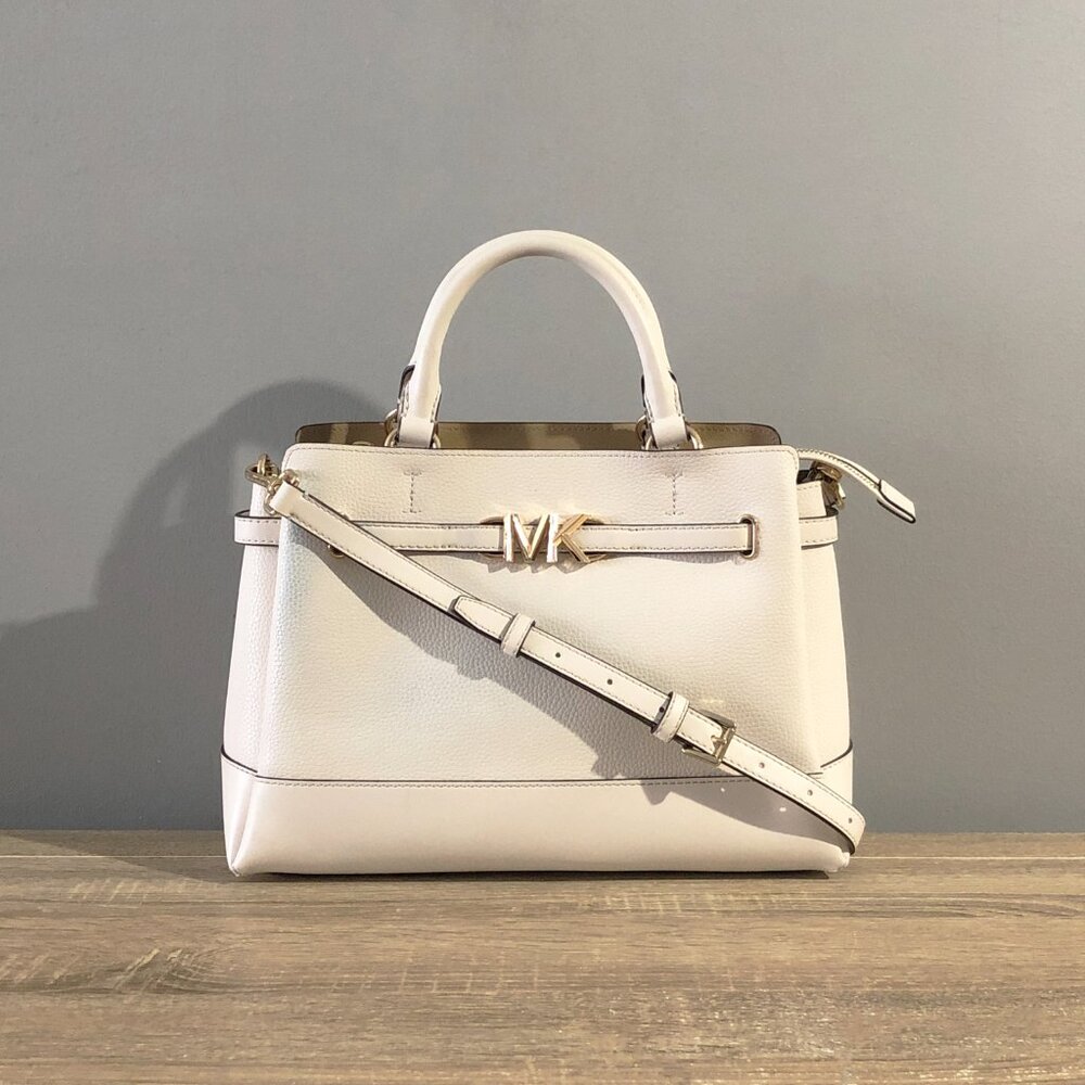 Michael Kors Reed Large White Leather Belted Satchel Crossbody Handbag MSRP $558